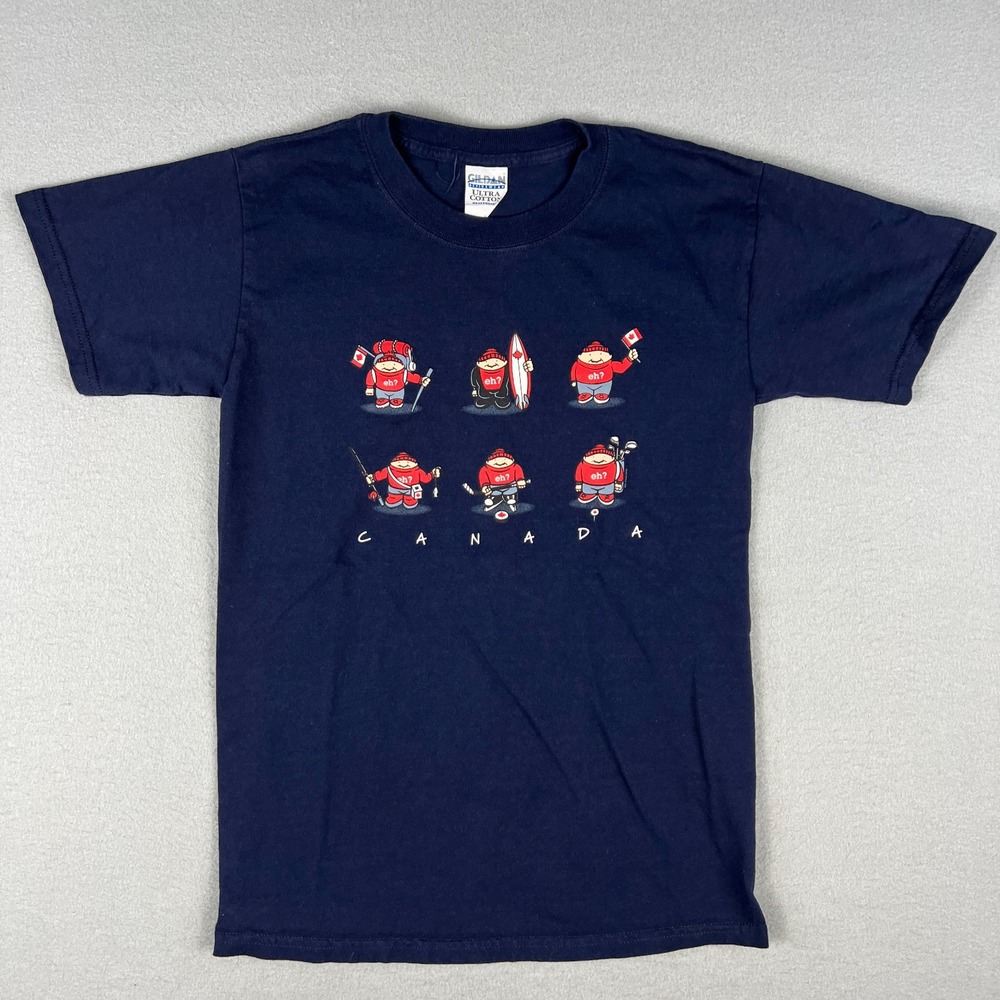VTG Canada T Shirt Fits XS Navy Eh? Cartoon Characters Hockey Maple Leaf 1990s